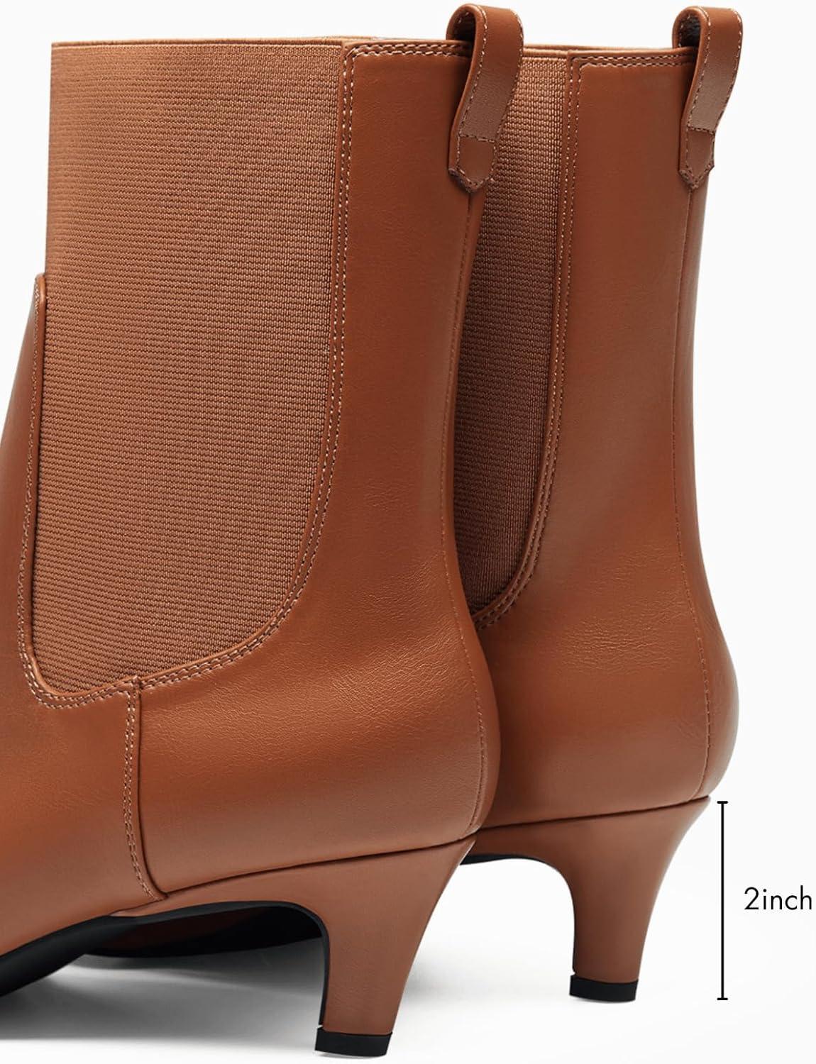 imageCoutgo Womens Ankle Boots Low Kitten Heel Pointed Toe Slip On Elastic Dressy Fall Winter Booties ShoesReddish Brown