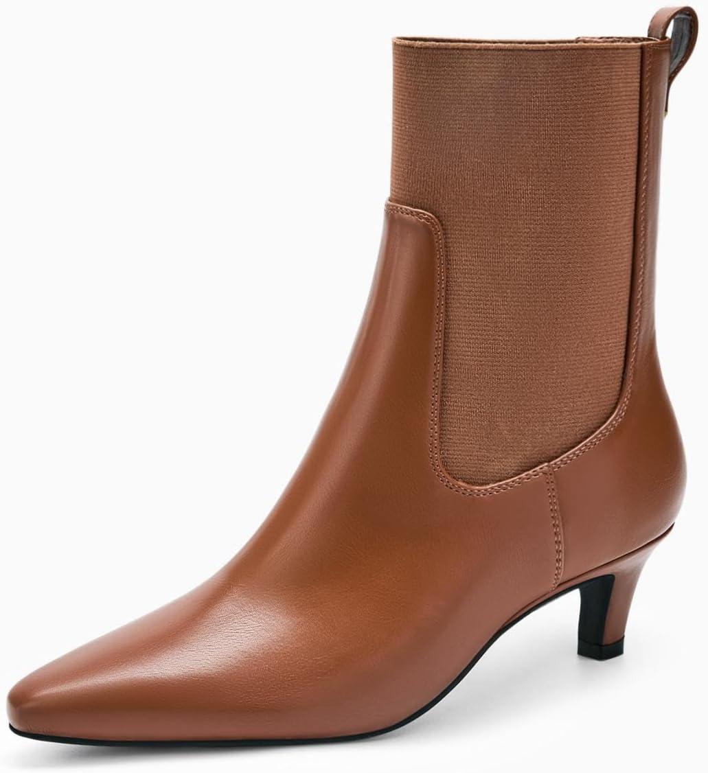 imageCoutgo Womens Ankle Boots Low Kitten Heel Pointed Toe Slip On Elastic Dressy Fall Winter Booties ShoesReddish Brown