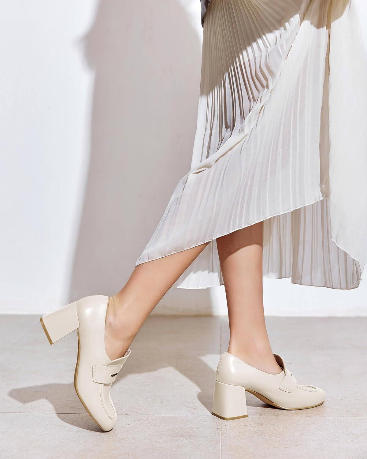 imageCoutgo Womens Loafer Heels Block Chunky Heeled Penny Loafers Slip On Square Toe Business Work Dress ShoesBeige