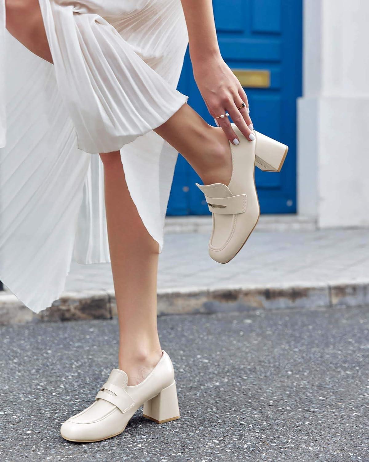 imageCoutgo Womens Loafer Heels Block Chunky Heeled Penny Loafers Slip On Square Toe Business Work Dress ShoesBeige