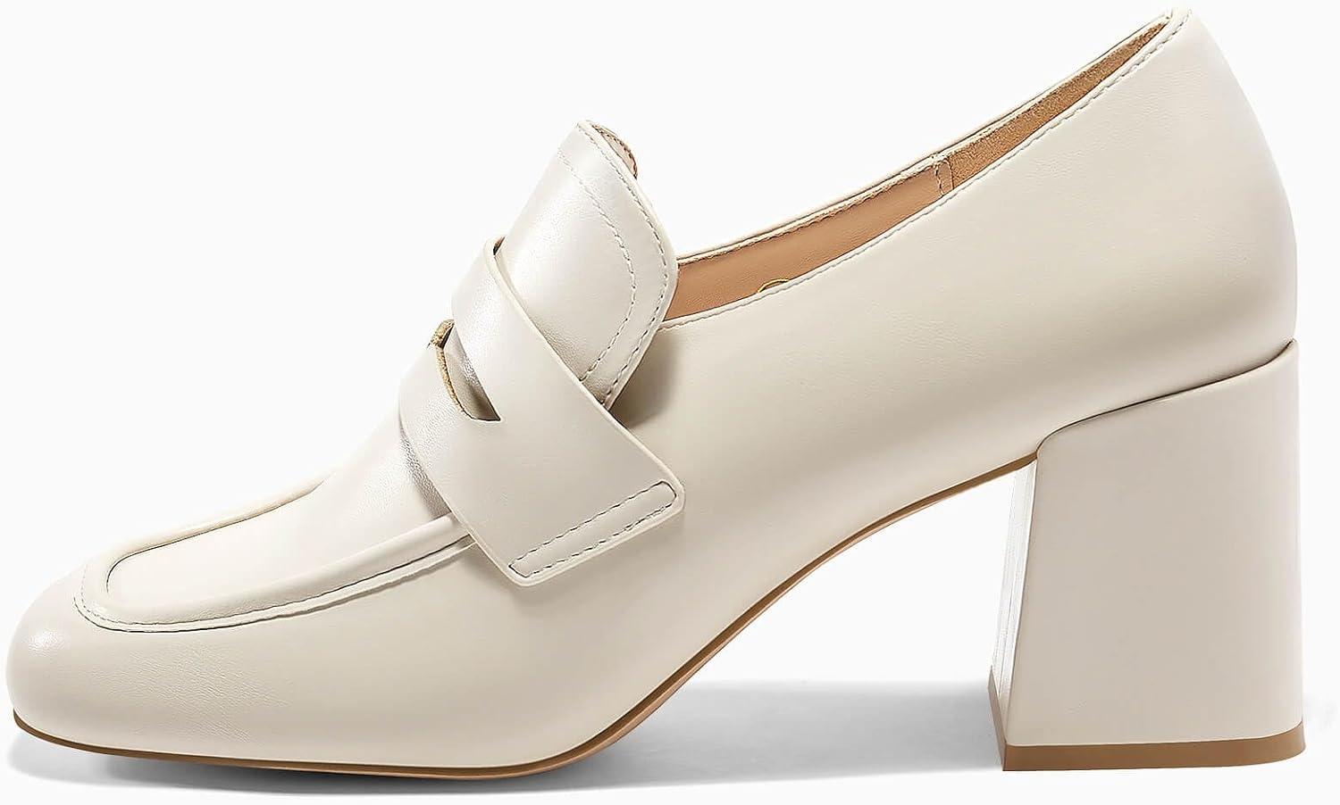 imageCoutgo Womens Loafer Heels Block Chunky Heeled Penny Loafers Slip On Square Toe Business Work Dress ShoesBeige