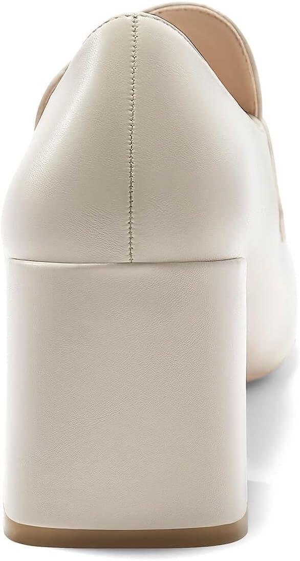 imageCoutgo Womens Loafer Heels Block Chunky Heeled Penny Loafers Slip On Square Toe Business Work Dress ShoesBeige