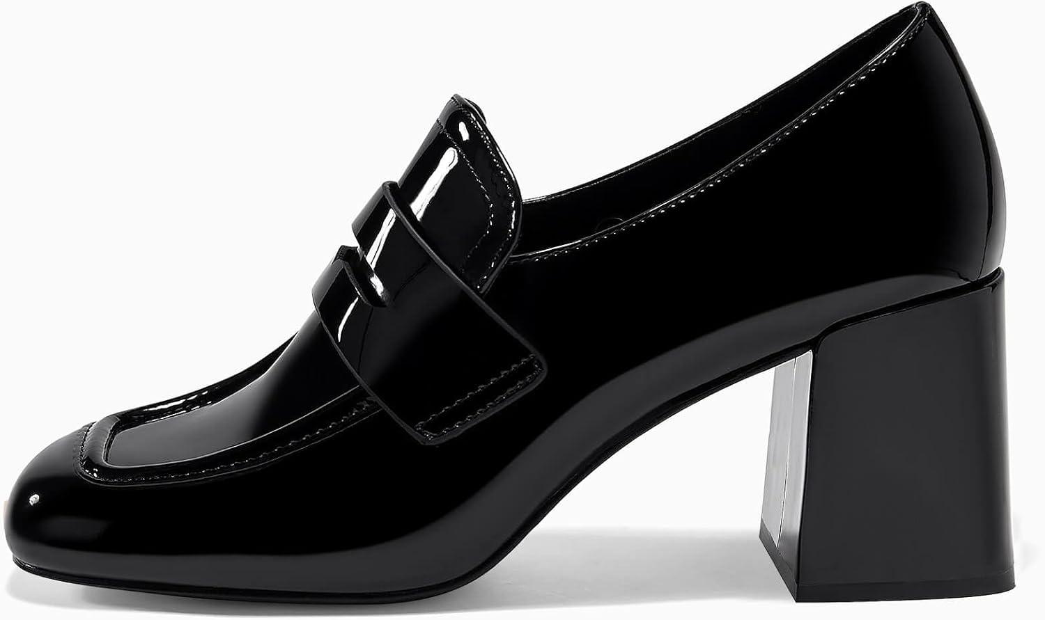 imageCoutgo Womens Loafer Heels Block Chunky Heeled Penny Loafers Slip On Square Toe Business Work Dress ShoesBlack