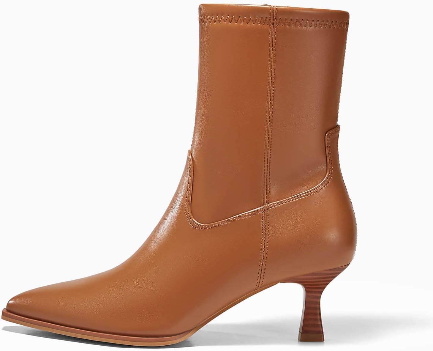 imageCoutgo Womens Pointed Toe Ankle Boots Stacked Kitten Low Heel Side Zipper Fall Booties ShoesBrown