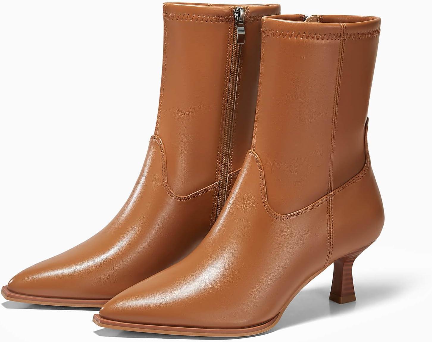 imageCoutgo Womens Pointed Toe Ankle Boots Stacked Kitten Low Heel Side Zipper Fall Booties ShoesBrown