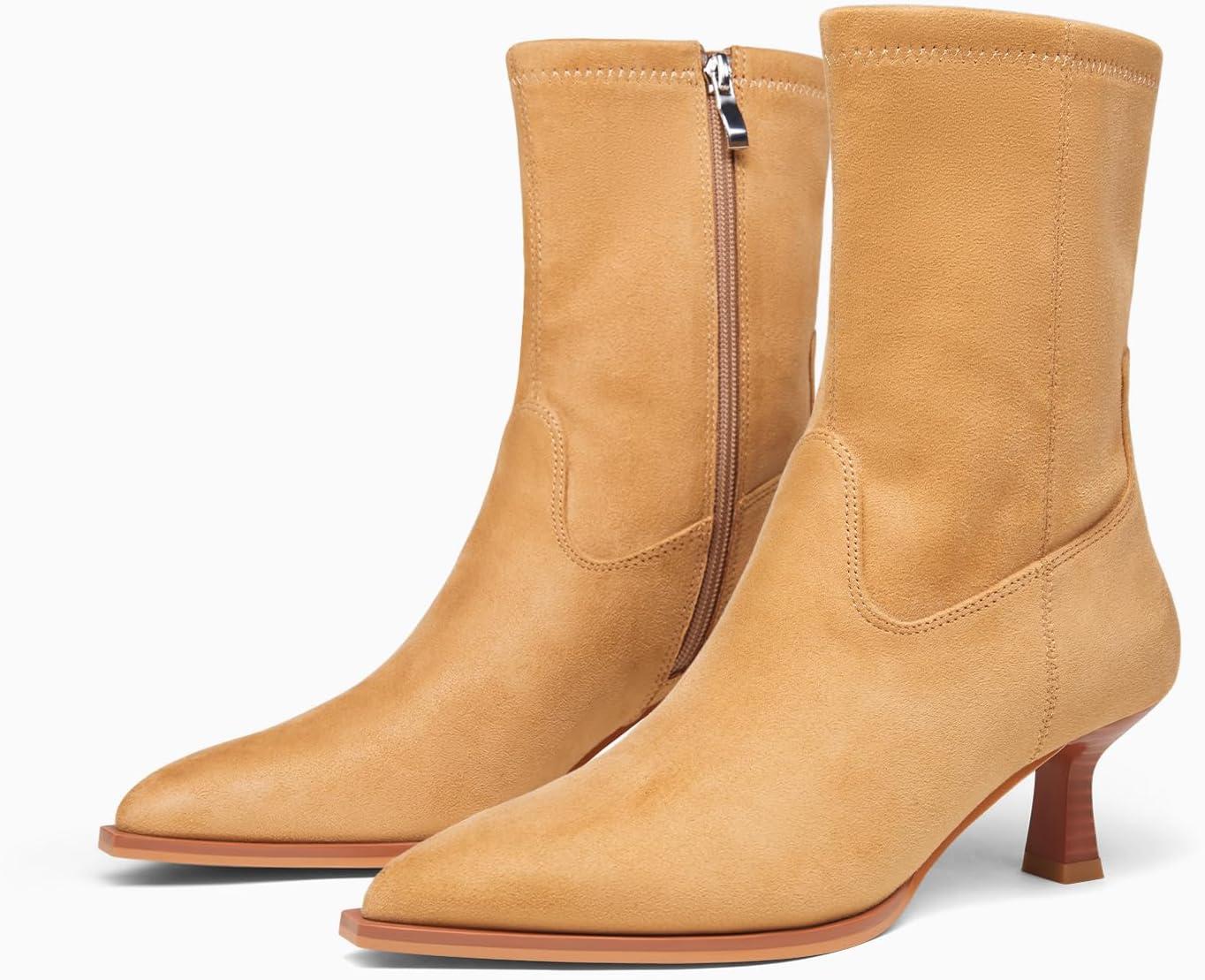 imageCoutgo Womens Pointed Toe Ankle Boots Stacked Kitten Low Heel Side Zipper Fall Booties ShoesCamel Suede