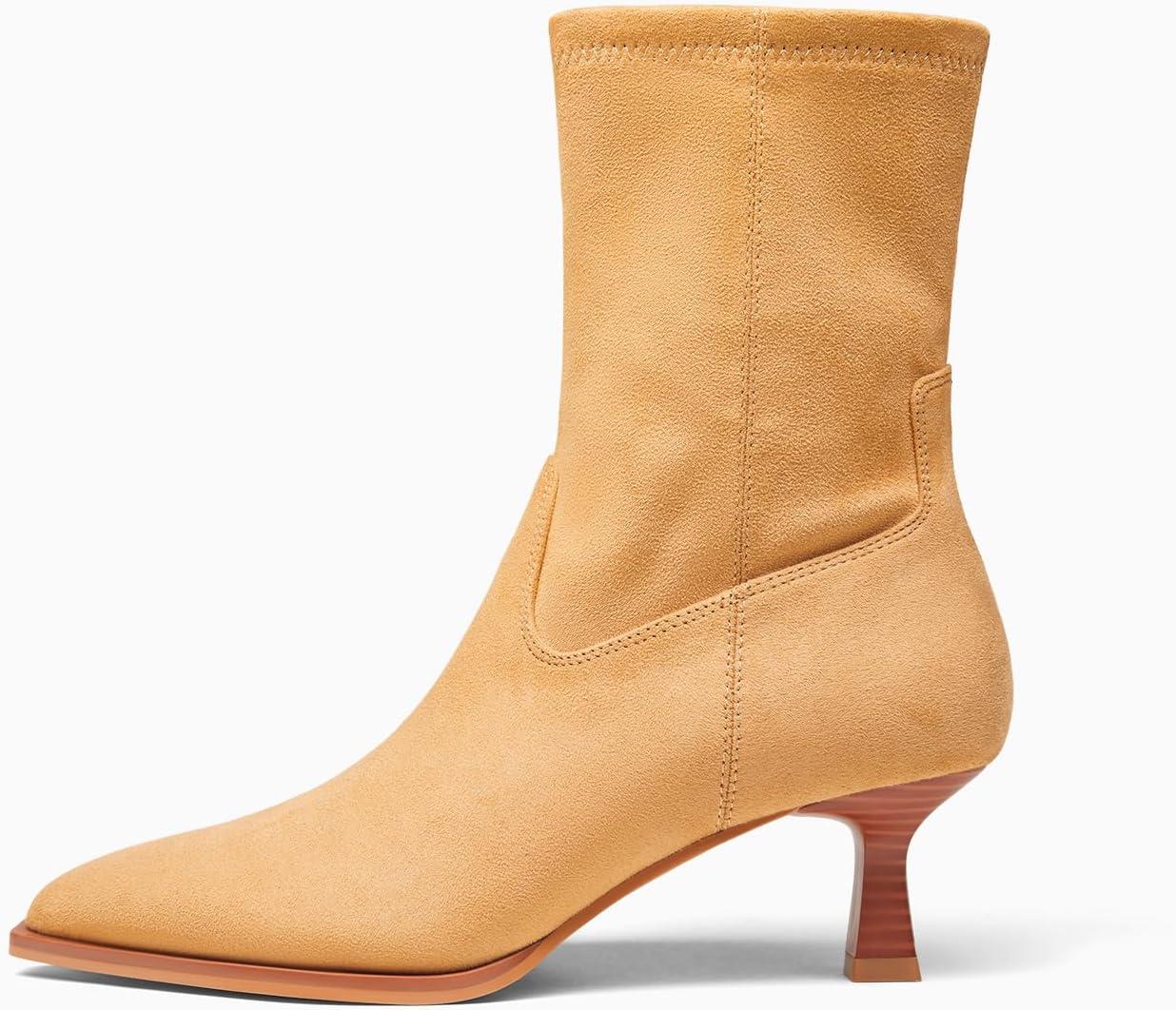 imageCoutgo Womens Pointed Toe Ankle Boots Stacked Kitten Low Heel Side Zipper Fall Booties ShoesCamel Suede