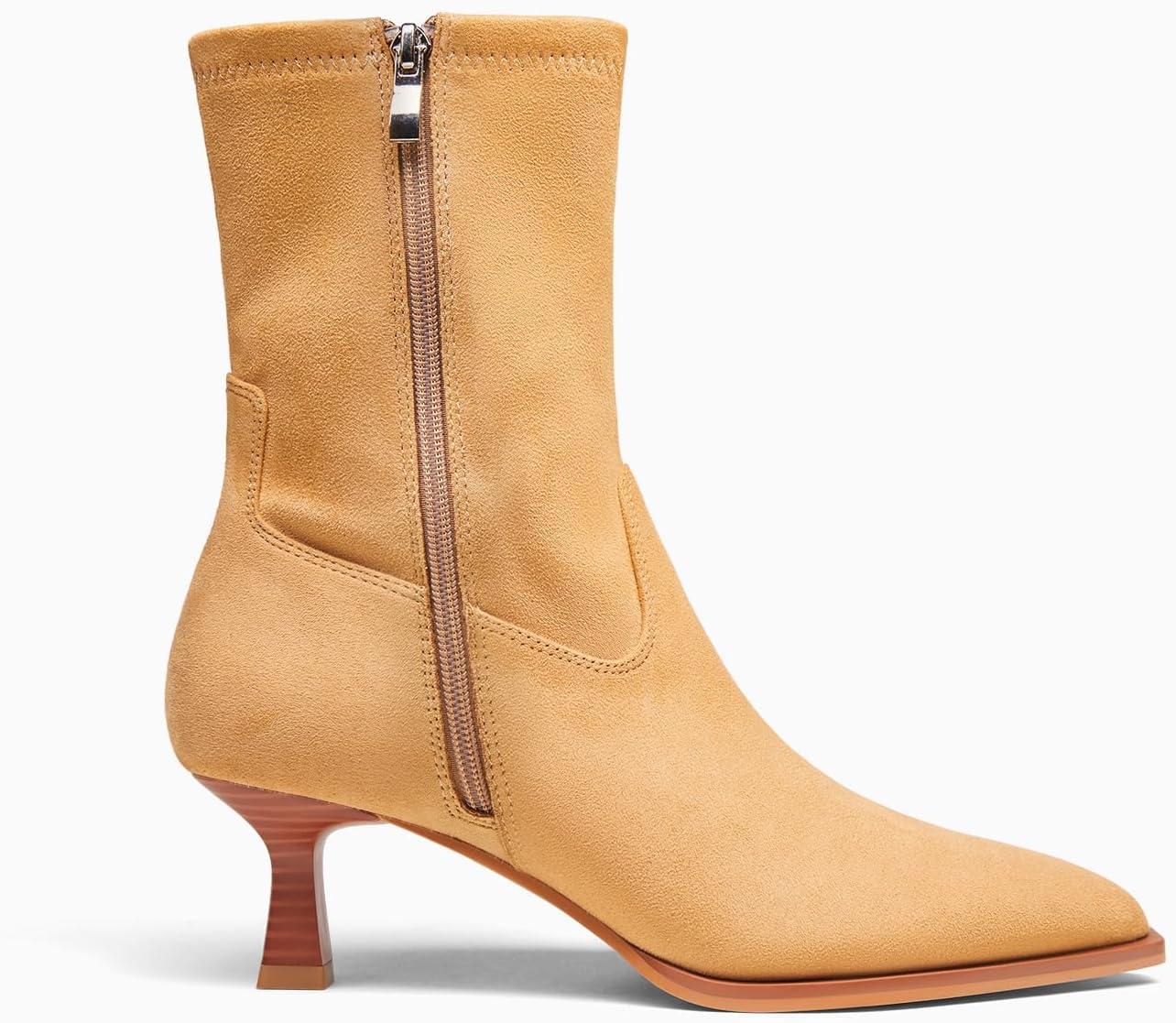 imageCoutgo Womens Pointed Toe Ankle Boots Stacked Kitten Low Heel Side Zipper Fall Booties ShoesCamel Suede