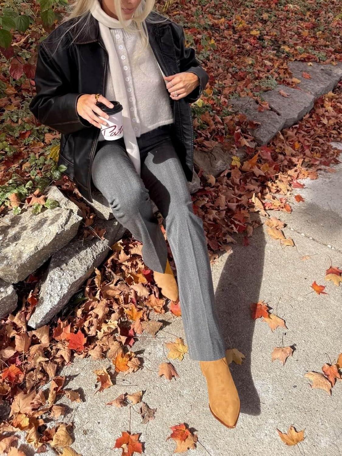 imageCoutgo Womens Pointed Toe Ankle Boots Stacked Kitten Low Heel Side Zipper Fall Booties ShoesCamel Suede