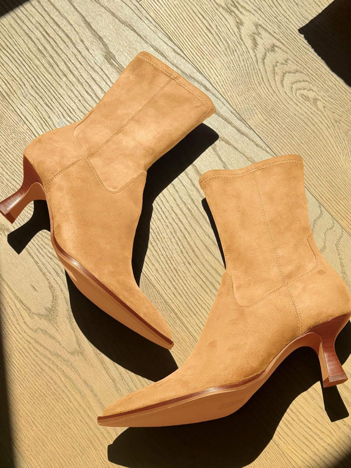 imageCoutgo Womens Pointed Toe Ankle Boots Stacked Kitten Low Heel Side Zipper Fall Booties ShoesCamel Suede