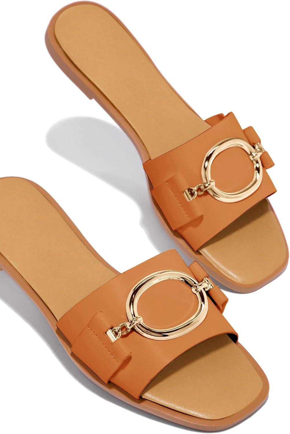 imageCoutgo Womens Square Toe Dressy Summer Slide Sandals Flat Low Heel Big Metal Chain Slip On Party Slippers ShoesBrown