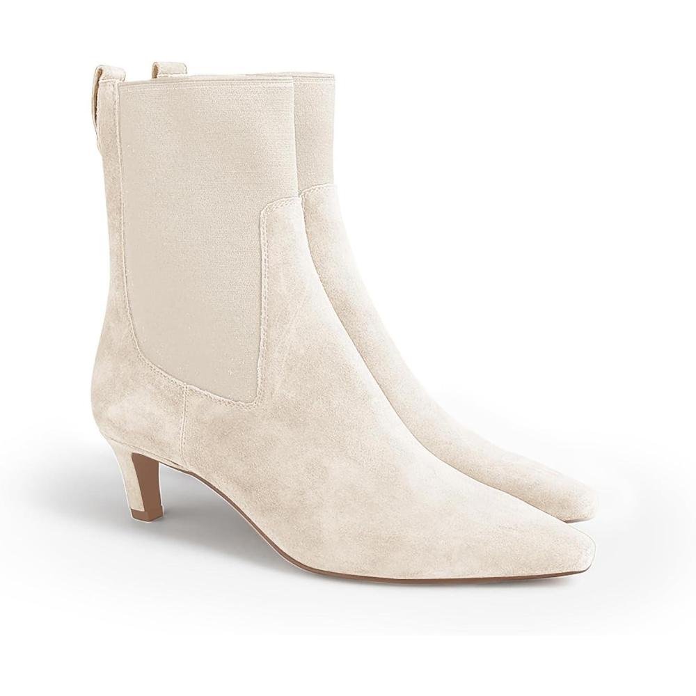 imageCoutgo Womens Ankle Boots Low Kitten Heel Pointed Toe Slip On Elastic Dressy Fall Winter Booties ShoesBeige