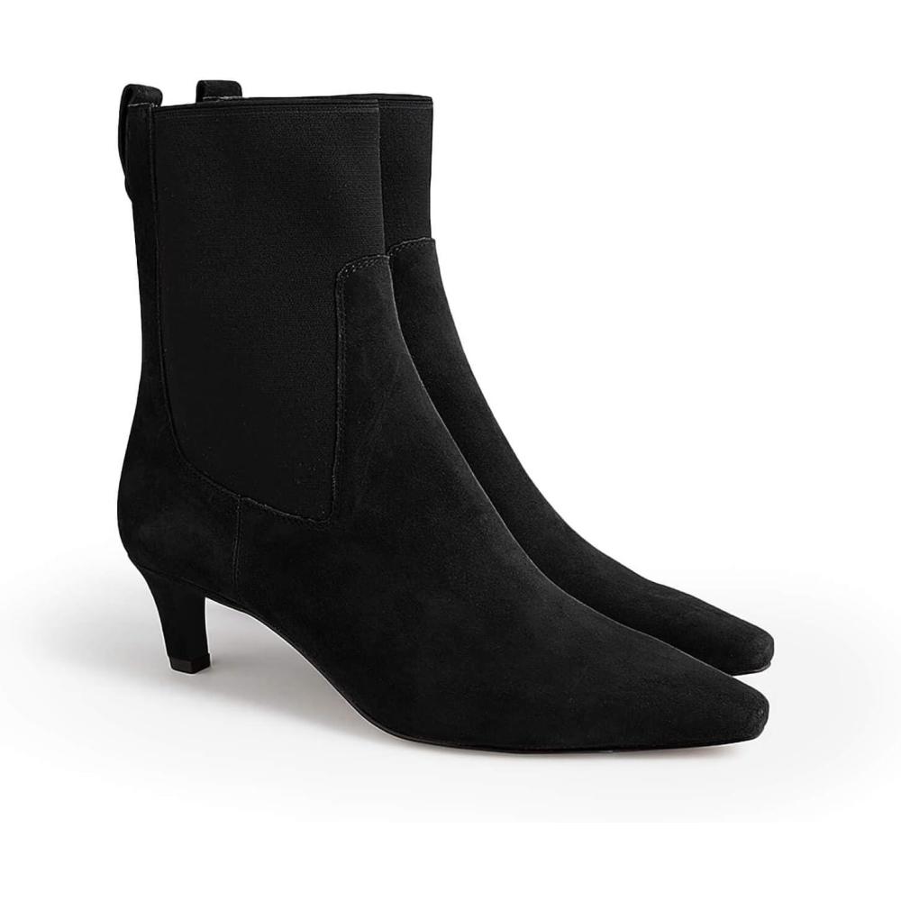 imageCoutgo Womens Ankle Boots Low Kitten Heel Pointed Toe Slip On Elastic Dressy Fall Winter Booties ShoesBlack