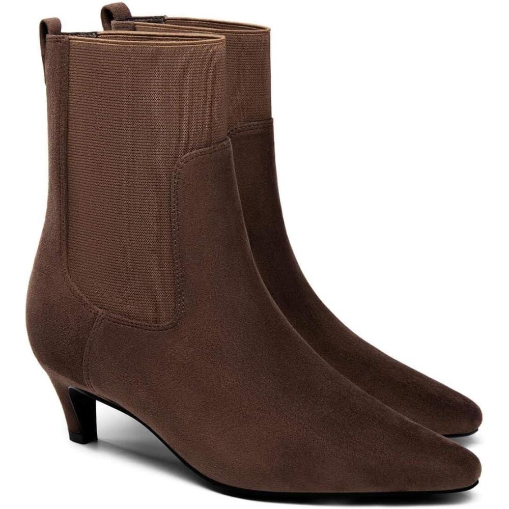imageCoutgo Womens Ankle Boots Low Kitten Heel Pointed Toe Slip On Elastic Dressy Fall Winter Booties ShoesChocolate