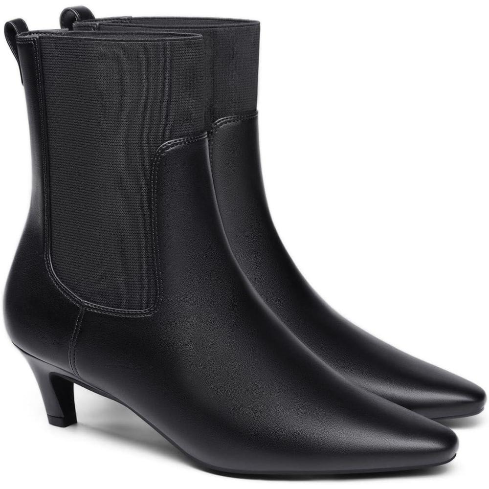 imageCoutgo Womens Ankle Boots Low Kitten Heel Pointed Toe Slip On Elastic Dressy Fall Winter Booties ShoesCool Black Pu