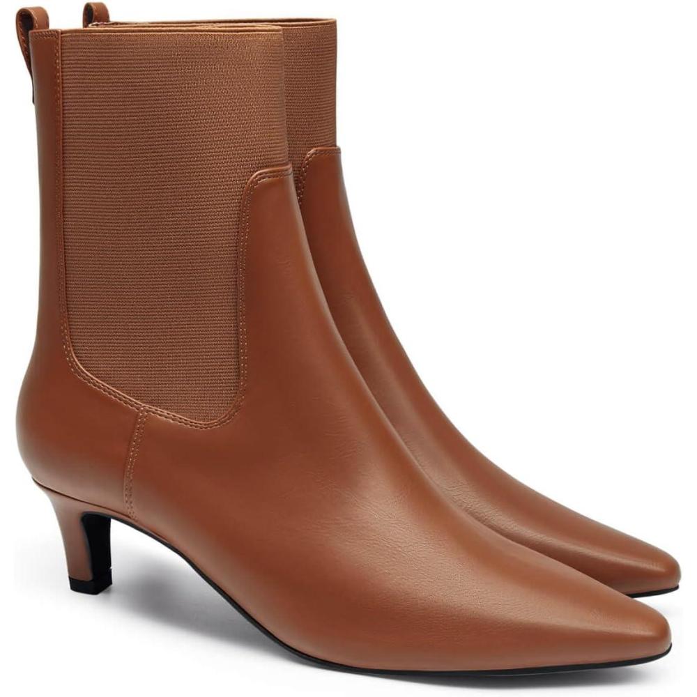 imageCoutgo Womens Ankle Boots Low Kitten Heel Pointed Toe Slip On Elastic Dressy Fall Winter Booties ShoesReddish Brown