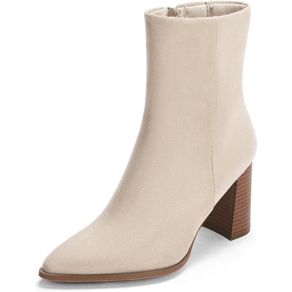 imageCoutgo Womens Ankle Boots Pointed Toe Chunky Stacked Heel Side Zipper Dress Fall Booties ShoesBeige