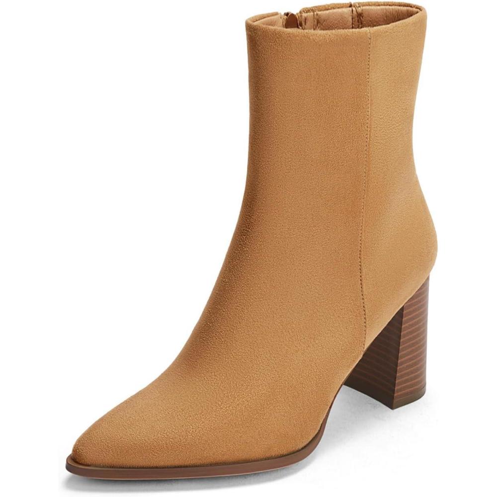 imageCoutgo Womens Ankle Boots Pointed Toe Chunky Stacked Heel Side Zipper Dress Fall Booties ShoesLight Brown