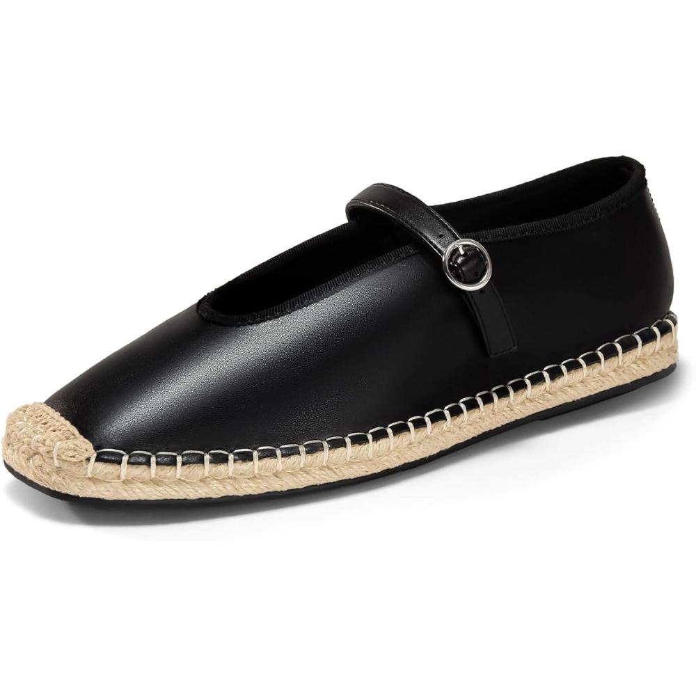 imageCoutgo Womens Espadrilles Mary Jane Flats Closed Sqaure Toe Mesh Ballet Flats Comfortable Dress ShoesBlackPu