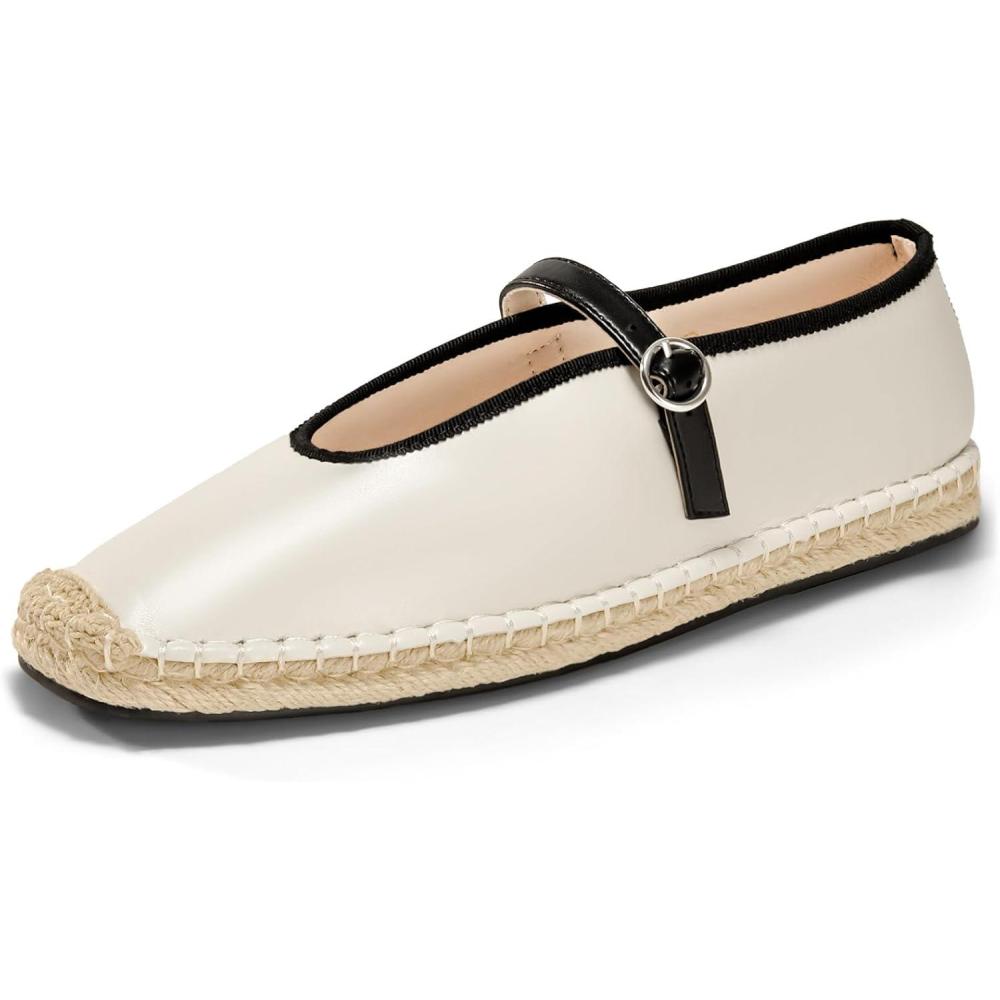 imageCoutgo Womens Espadrilles Mary Jane Flats Closed Sqaure Toe Mesh Ballet Flats Comfortable Dress ShoesWhitePu
