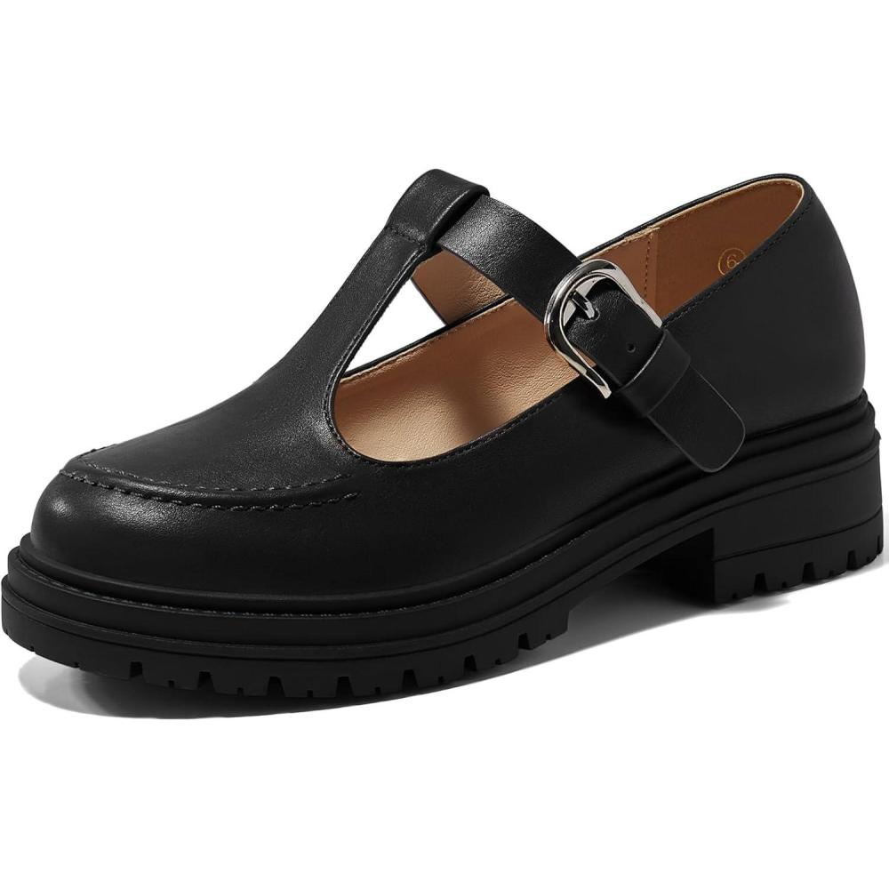 imageCoutgo Womens Platform Loafers T Strap Chunky Low Heel Buckle Strap Mary Jane Comfortable Casual Office ShoesBlack