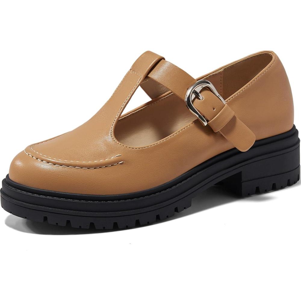 imageCoutgo Womens Platform Loafers T Strap Chunky Low Heel Buckle Strap Mary Jane Comfortable Casual Office ShoesKhaki