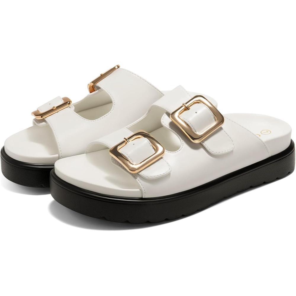imageCoutgo Womens Platform Sandals Comfortable Arch Support Slip on Flat Slides Buckle Summer Beach Sandal ShoesWhite