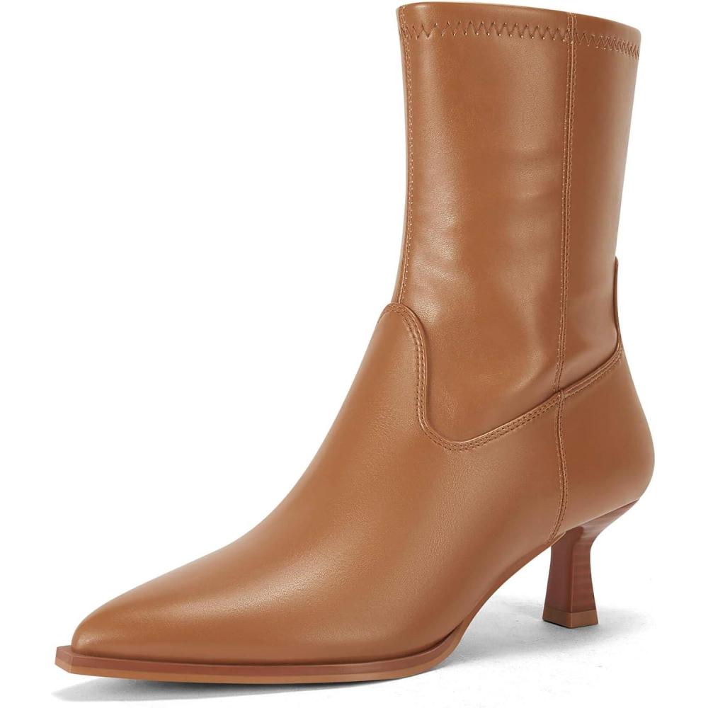 imageCoutgo Womens Pointed Toe Ankle Boots Stacked Kitten Low Heel Side Zipper Fall Booties ShoesBrown
