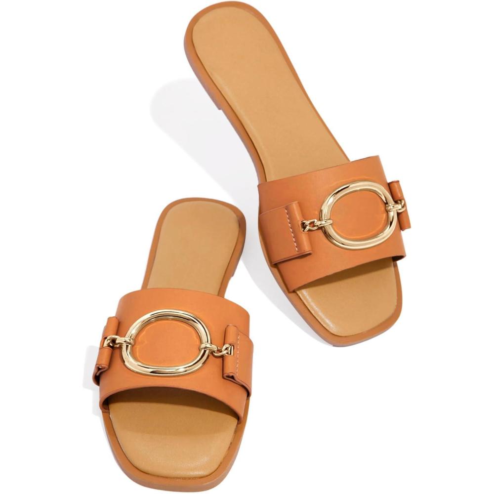 imageCoutgo Womens Square Toe Dressy Summer Slide Sandals Flat Low Heel Big Metal Chain Slip On Party Slippers ShoesBrown