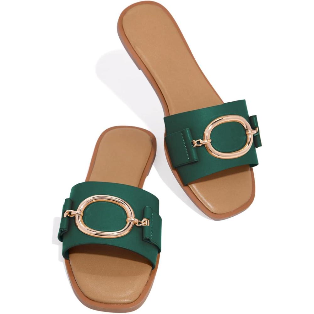 imageCoutgo Womens Square Toe Dressy Summer Slide Sandals Flat Low Heel Big Metal Chain Slip On Party Slippers ShoesGreen