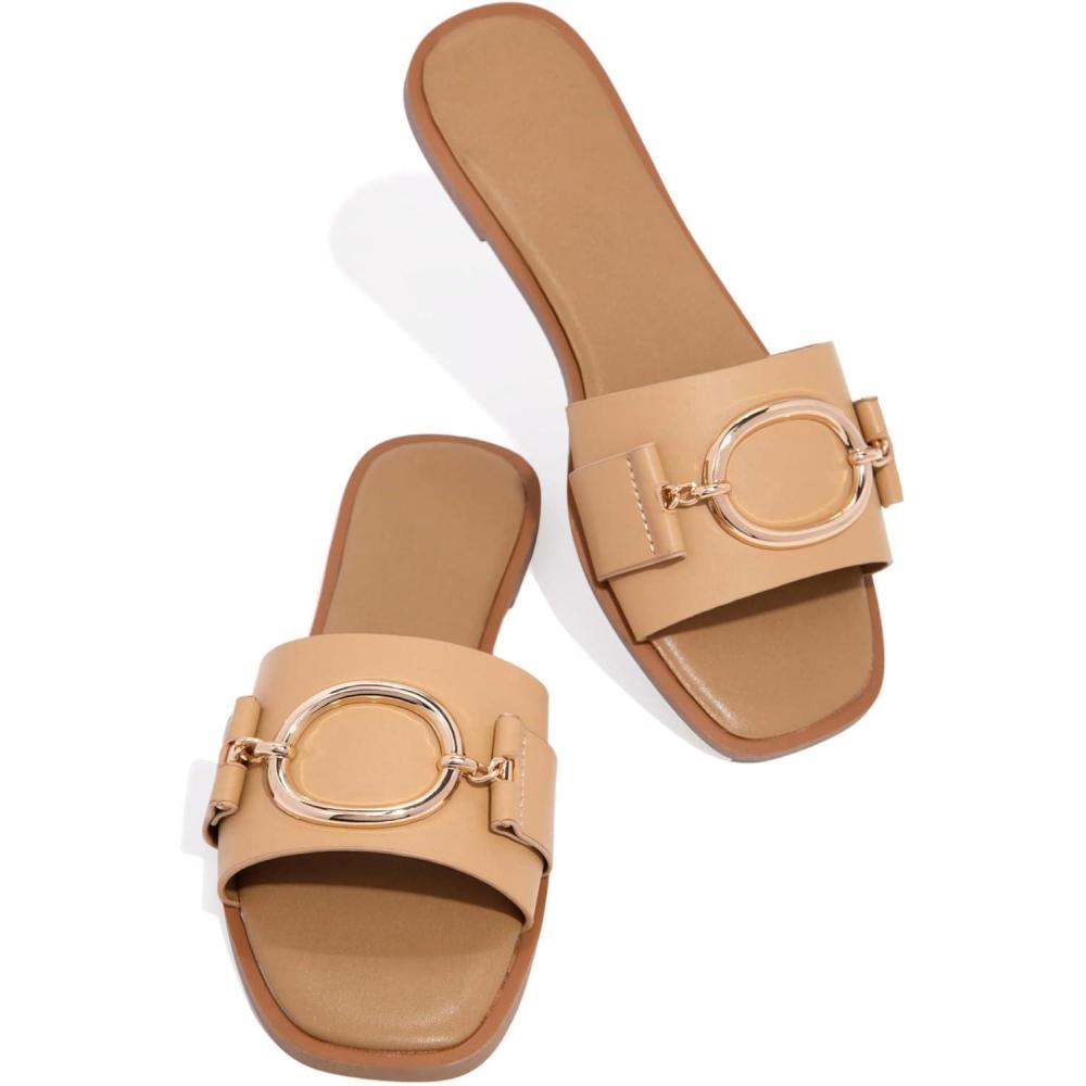 imageCoutgo Womens Square Toe Dressy Summer Slide Sandals Flat Low Heel Big Metal Chain Slip On Party Slippers ShoesKhaki