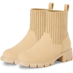 Coutgo Girls Boots Kids Combat Chelsea Ankle Booties Chunky Heel Lug Sole Elastic Fall Fashion Shoes Toddler Little Kid Big Kid Toddler Little Kid Big Kid(Beige)