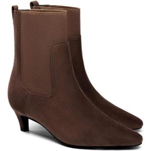 Coutgo Womens Ankle Boots Low Kitten Heel Pointed Toe Slip On Elastic Dressy Fall Winter Booties Shoes(Chocolate)