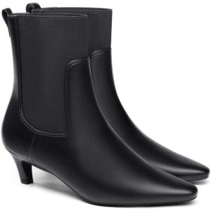 Coutgo Womens Ankle Boots Low Kitten Heel Pointed Toe Slip On Elastic Dressy Fall Winter Booties Shoes(Cool Black Pu)