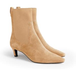 Coutgo Womens Ankle Boots Low Kitten Heel Pointed Toe Slip On Elastic Dressy Fall Winter Booties Shoes(Khaki)