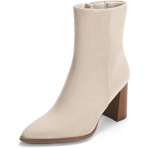 Coutgo Womens Ankle Boots Pointed Toe Chunky Stacked Heel Side Zipper Dress Fall Booties Shoes(Beige)