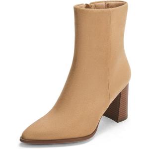 Coutgo Womens Ankle Boots Pointed Toe Chunky Stacked Heel Side Zipper Dress Fall Booties Shoes(Khaki)