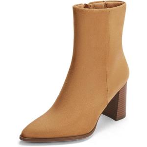 Coutgo Womens Ankle Boots Pointed Toe Chunky Stacked Heel Side Zipper Dress Fall Booties Shoes(Light Brown)