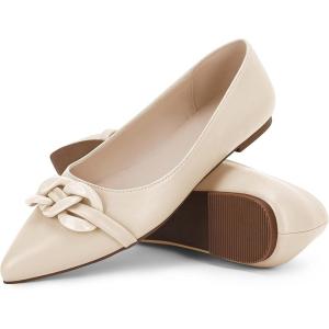 Coutgo Women’s Ballet Flats Chain Pointed Toe Slip On Flats Shoes for Women Dressy Comfort Loafers(Beige)
