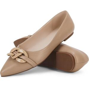 Coutgo Women’s Ballet Flats Chain Pointed Toe Slip On Flats Shoes for Women Dressy Comfort Loafers(Khaki)