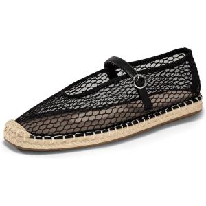 Coutgo Womens Espadrilles Mary Jane Flats Closed Sqaure Toe Mesh Ballet Flats Comfortable Dress Shoes(Black/Mesh)