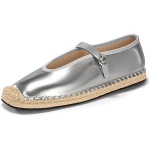Coutgo Womens Espadrilles Mary Jane Flats Closed Sqaure Toe Mesh Ballet Flats Comfortable Dress Shoes(Silver/Pu)