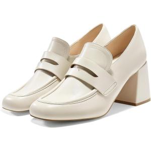 Coutgo Womens Loafer Heels Block Chunky Heeled Penny Loafers Slip On Square Toe Business Work Dress Shoes(Beige)