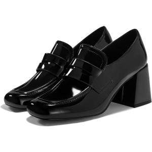 Coutgo Womens Loafer Heels Block Chunky Heeled Penny Loafers Slip On Square Toe Business Work Dress Shoes(Black)