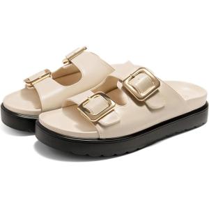 Coutgo Womens Platform Sandals Comfortable Arch Support Slip on Flat Slides Buckle Summer Beach Sandal Shoes(Beige)