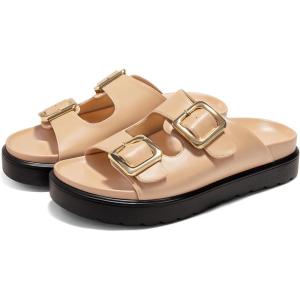 Coutgo Womens Platform Sandals Comfortable Arch Support Slip on Flat Slides Buckle Summer Beach Sandal Shoes(Camel)