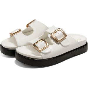 Coutgo Womens Platform Sandals Comfortable Arch Support Slip on Flat Slides Buckle Summer Beach Sandal Shoes(White)