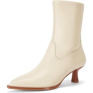 Coutgo Womens Pointed Toe Ankle Boots Stacked Kitten Low Heel Side Zipper Fall Booties Shoes(Beige)