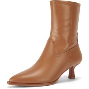 Coutgo Womens Pointed Toe Ankle Boots Stacked Kitten Low Heel Side Zipper Fall Booties Shoes(Brown)