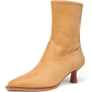 Coutgo Womens Pointed Toe Ankle Boots Stacked Kitten Low Heel Side Zipper Fall Booties Shoes(Camel Suede)